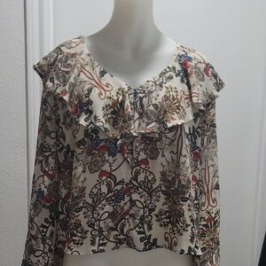 W5 Cream Floral Ruffle-Trim Blouse with Multicolor Print